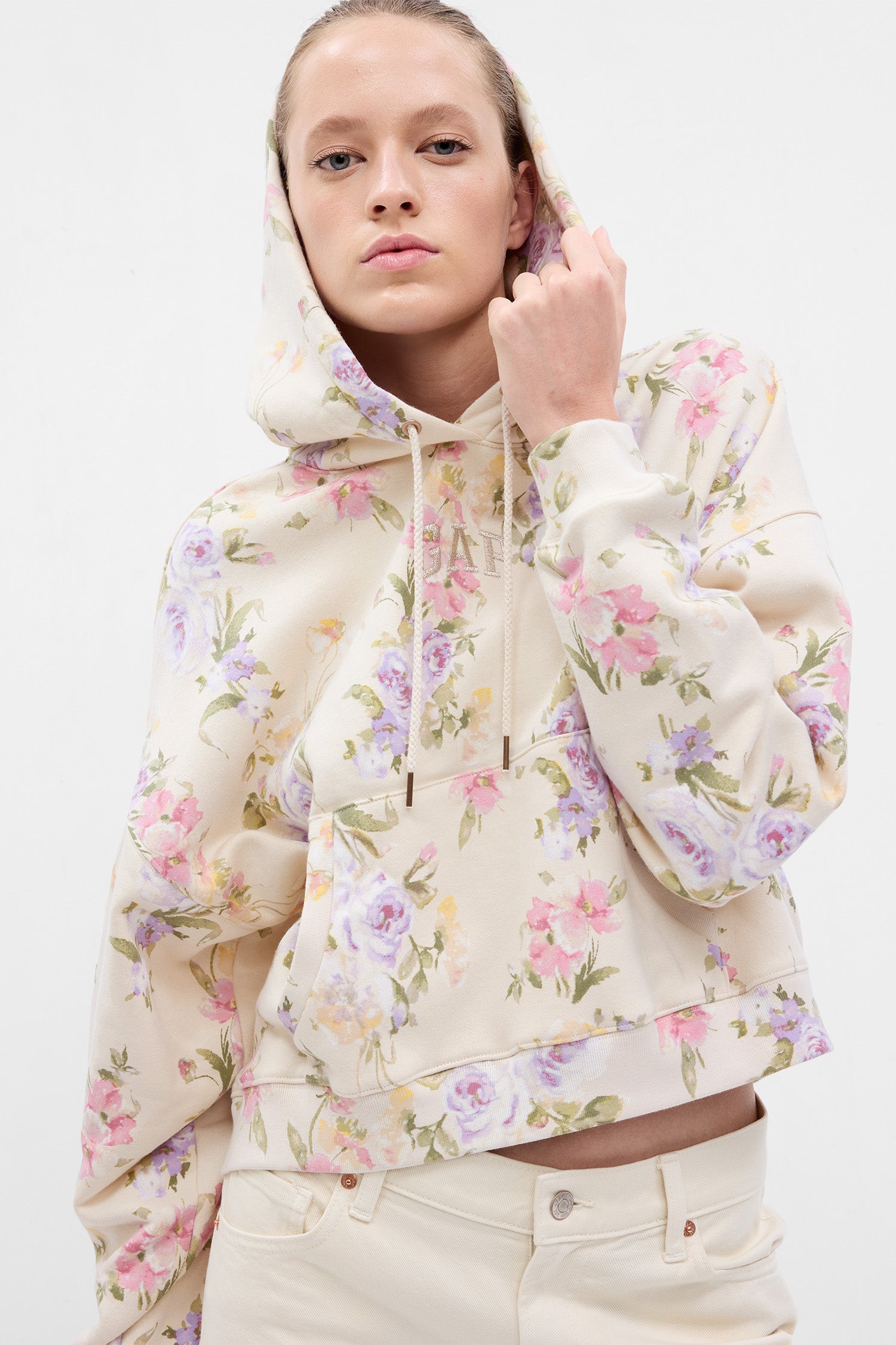 Oversized Printed Hoodie - Light yellow/floral - Kids