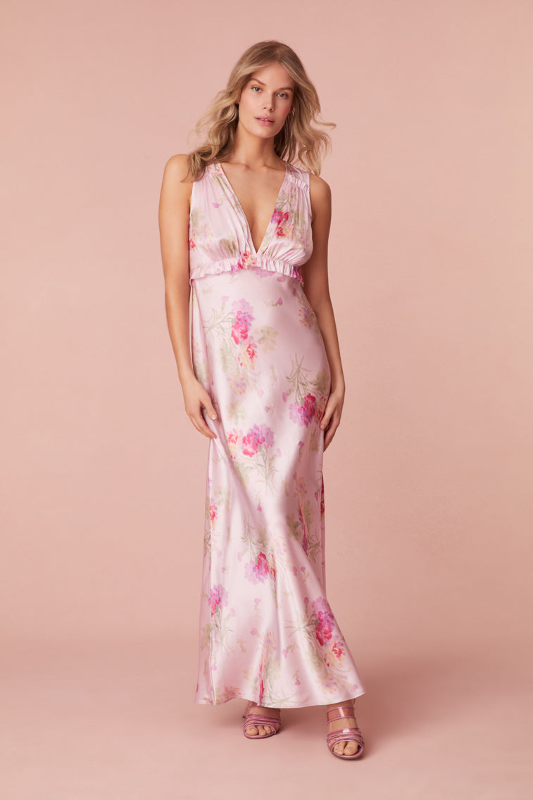 Suniva Silk Charmeuse Floral Maxi Dress- Designer Dresses | LoveShackFancy