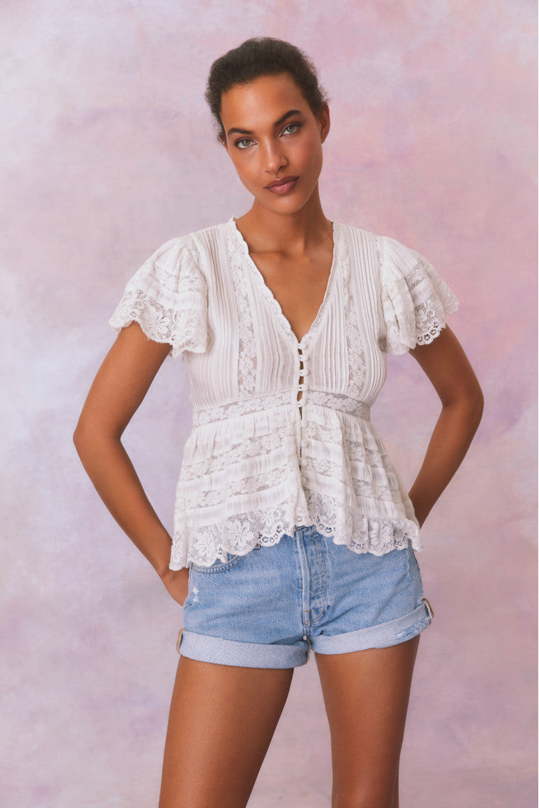 Quinella Cotton Peplum V-Neck Button-Down Blouse