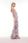 Maxi dress with sequin embroidered mesh on top, lilac and tangerine payettes with sequins, rhinestones, and crystals sprinkled throughout. The piece begins with a deep v-neckline and delicate spaghetti straps before falling to the bodice which features an internal corset with a shelf bra.