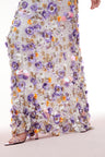 Maxi dress with sequin embroidered mesh on top, lilac and tangerine payettes with sequins, rhinestones, and crystals sprinkled throughout. The piece begins with a deep v-neckline and delicate spaghetti straps before falling to the bodice which features an internal corset with a shelf bra.