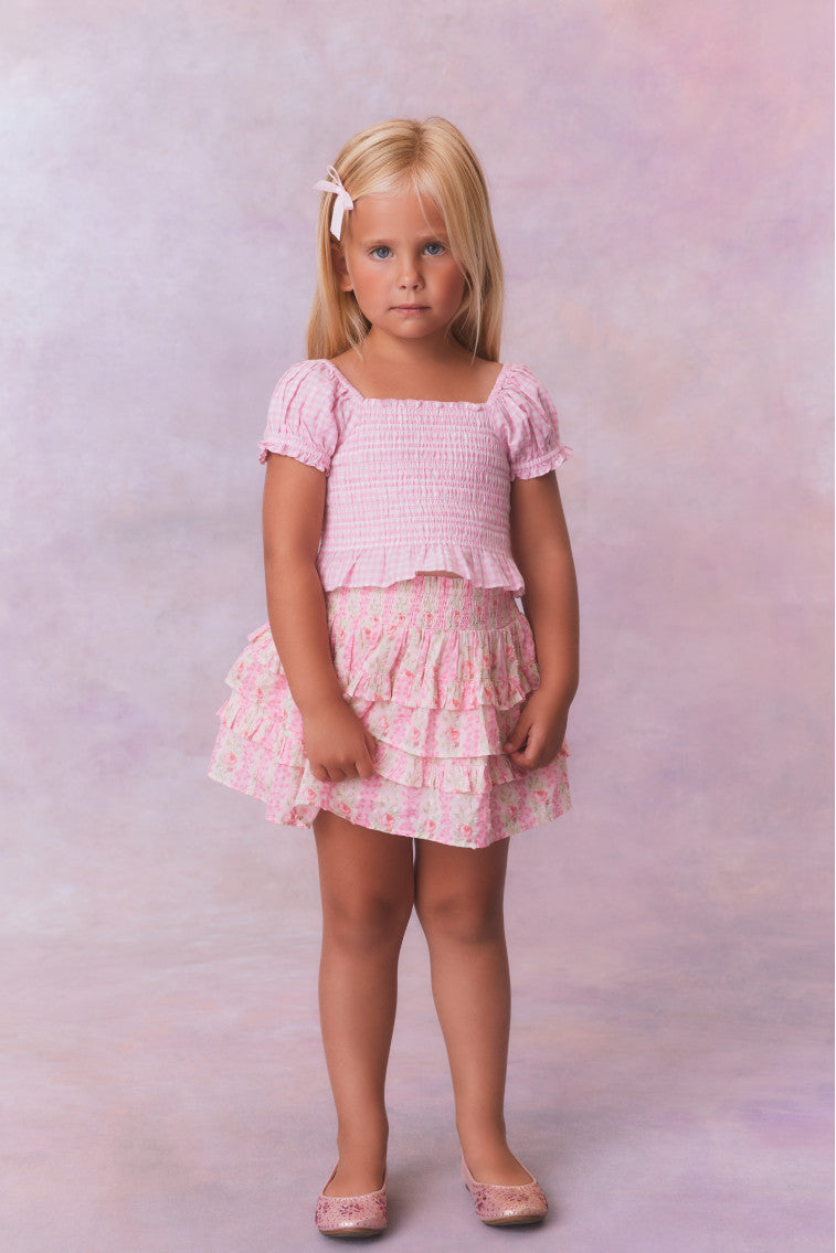 Pink chiffon fabric tiered skirt with a smocked waistband