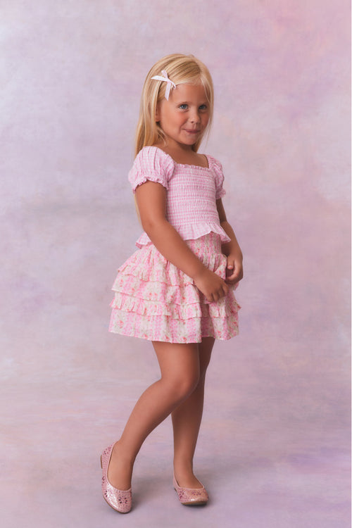 Pink chiffon fabric tiered skirt with a smocked waistband