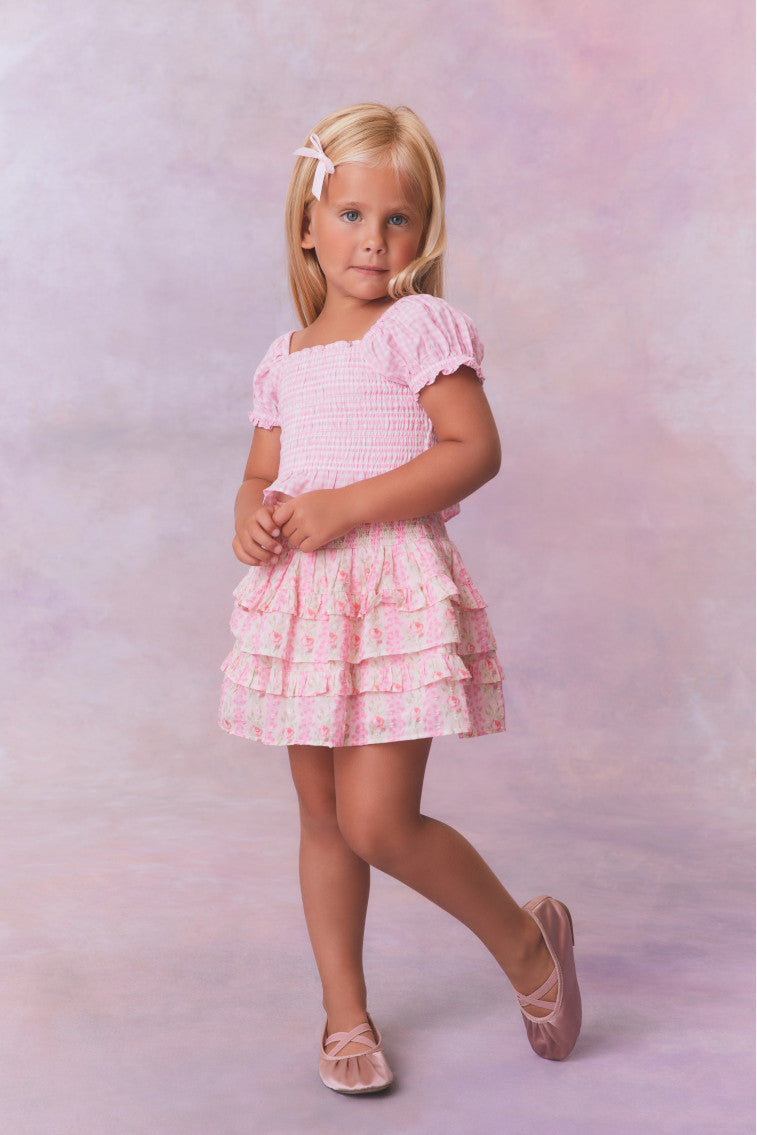 Pink chiffon fabric tiered skirt with a smocked waistband