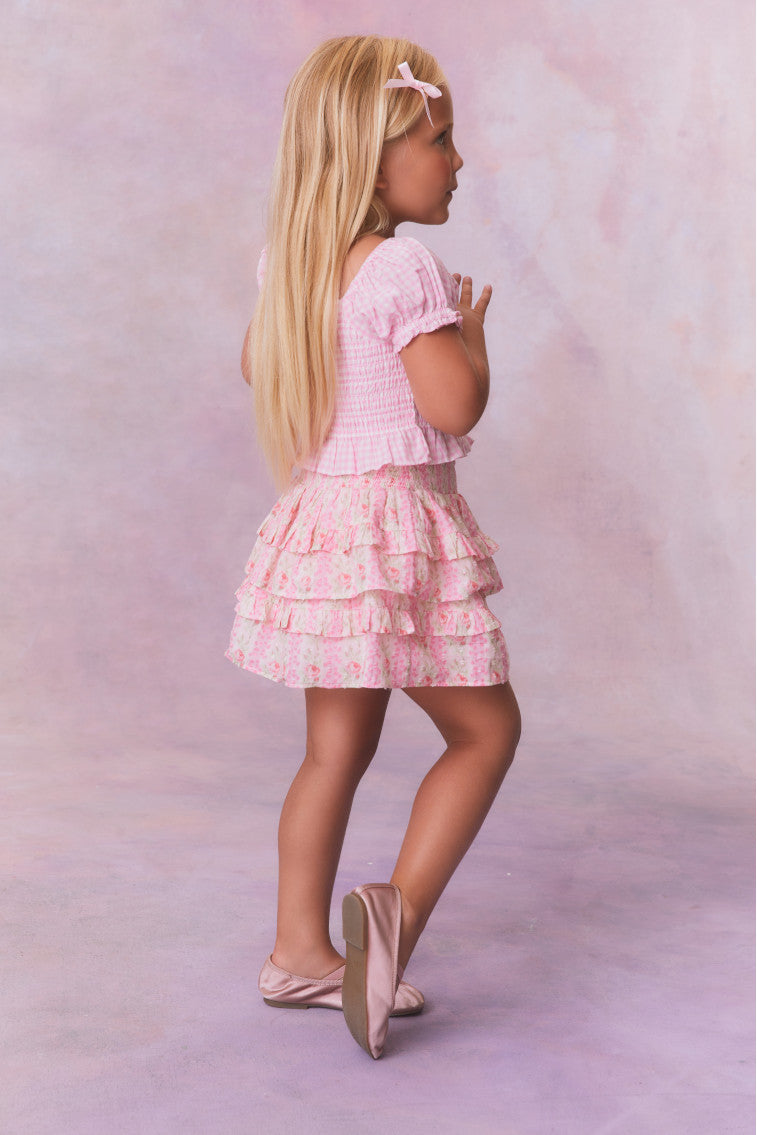 Pink chiffon fabric tiered skirt with a smocked waistband