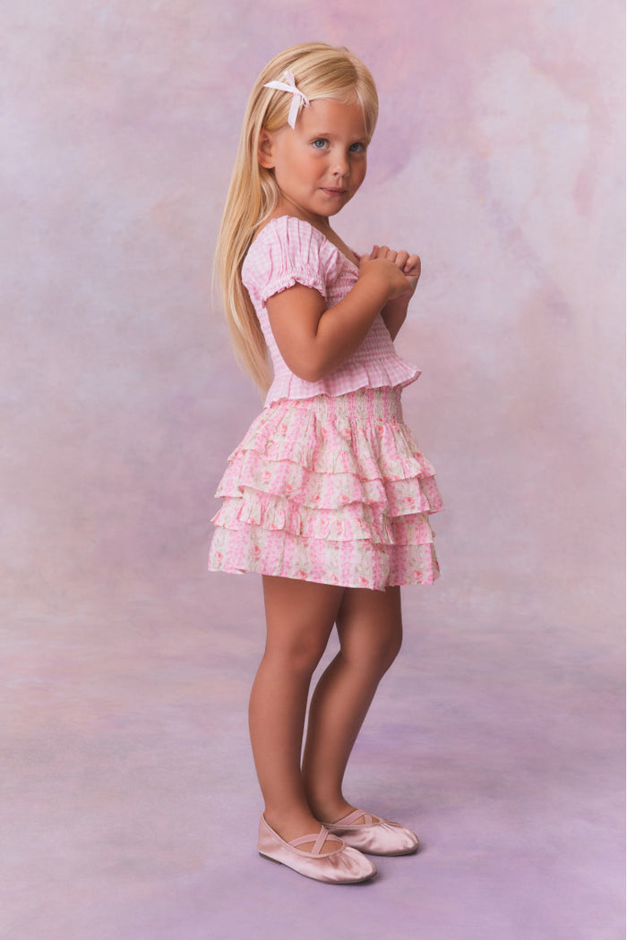 Pink chiffon fabric tiered skirt with a smocked waistband