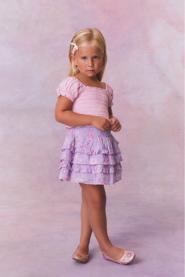 Purple chiffon fabric tiered skirt with a smocked waistband