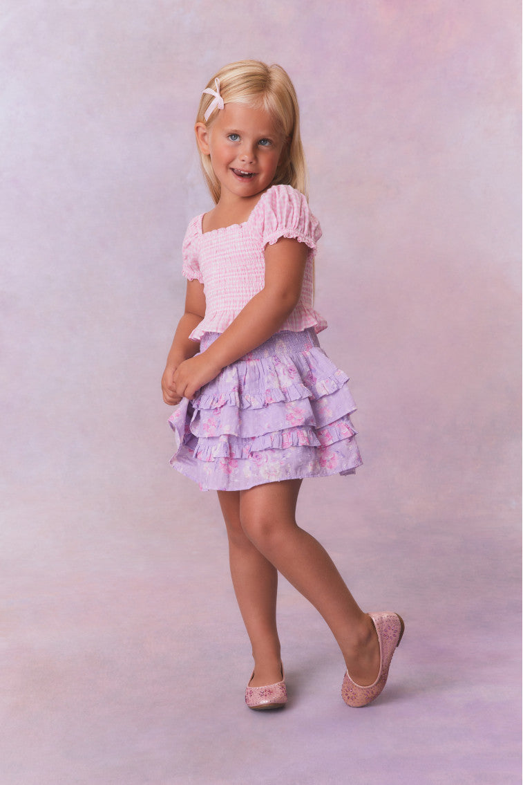 Purple chiffon fabric tiered skirt with a smocked waistband