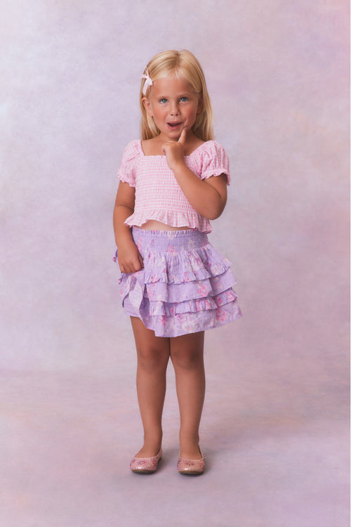 Purple chiffon fabric tiered skirt with a smocked waistband