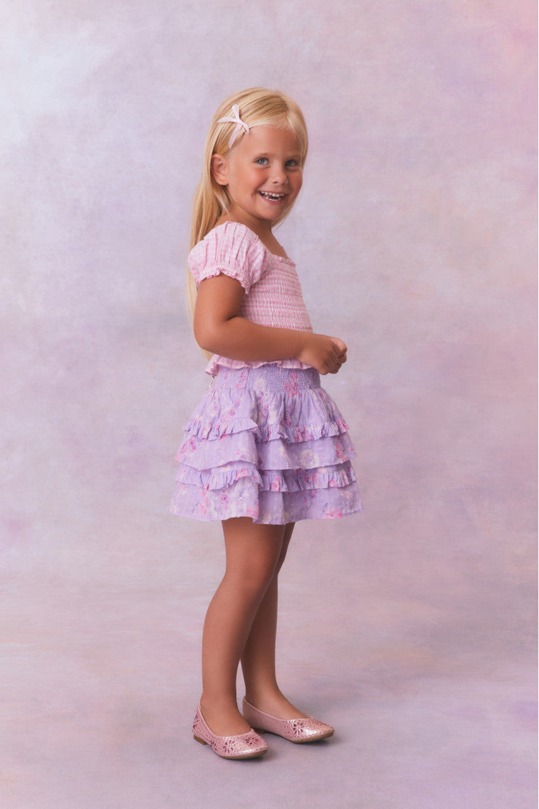 Purple chiffon fabric tiered skirt with a smocked waistband