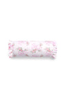 Bolster pillow with ruffle details and a floral bow print.