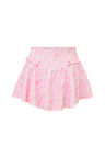 Pink active skort with a bow and tennis raquet pattern. Two pink bows placed on each frontside of hip.