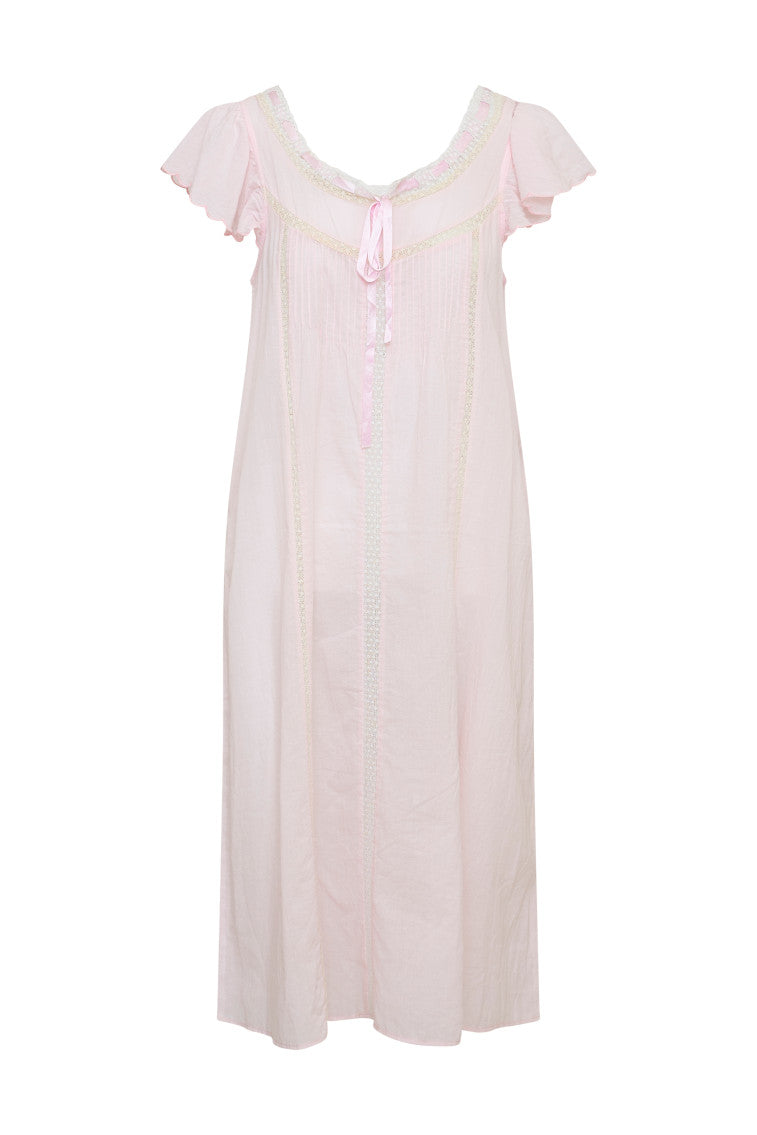 Sheer pink midi dress with short sleeves and a scoop neckline, a self tied ribbon detail at center front, and Victorian-inspired inset laces.