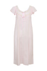 Sheer pink midi dress with short sleeves and a scoop neckline, a self tied ribbon detail at center front, and Victorian-inspired inset laces.