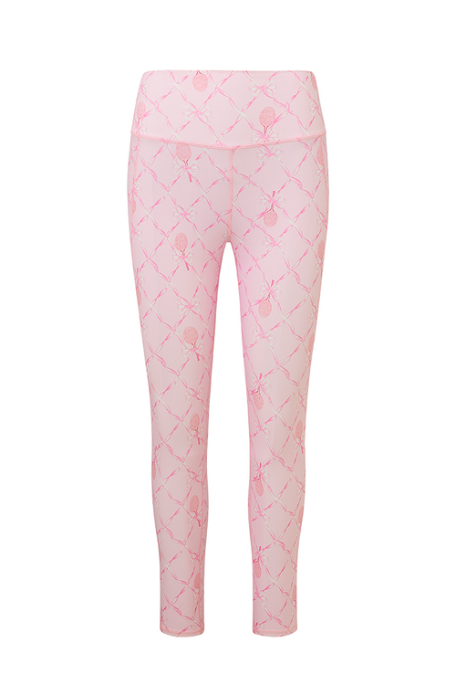 Pink active legging with a bow and tennis raquet pattern. 