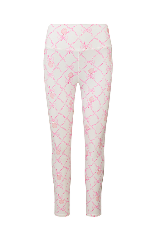 White active legging with a pink colored bow and tennis raquet pattern. 