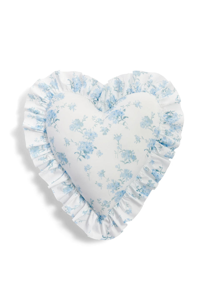 Floral printed heart shape pillow featuring ruffles on each end, a removable insert, and zipper closure.