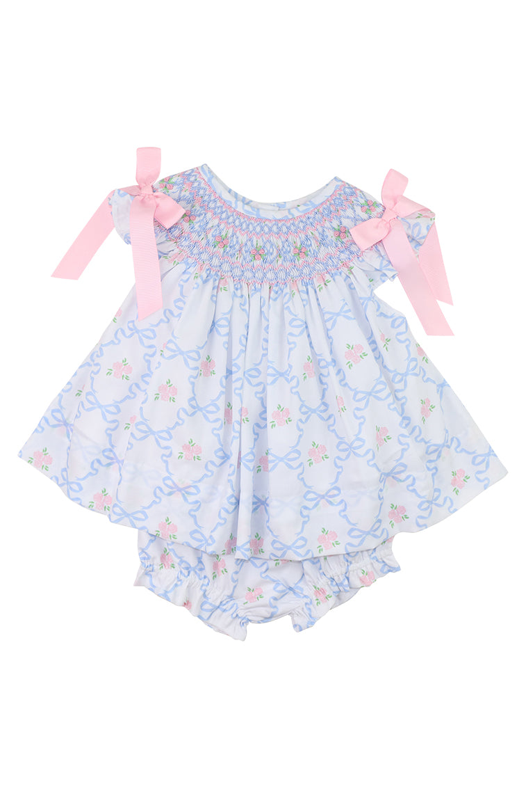 Cecil & Lou Baby Pink and Blue Bouquet Ribbon Smocked Diaper Set