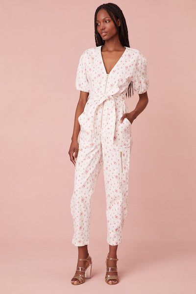 Lucie Tie-Back Long-Sleeve Jumpsuit in Carmine Floral