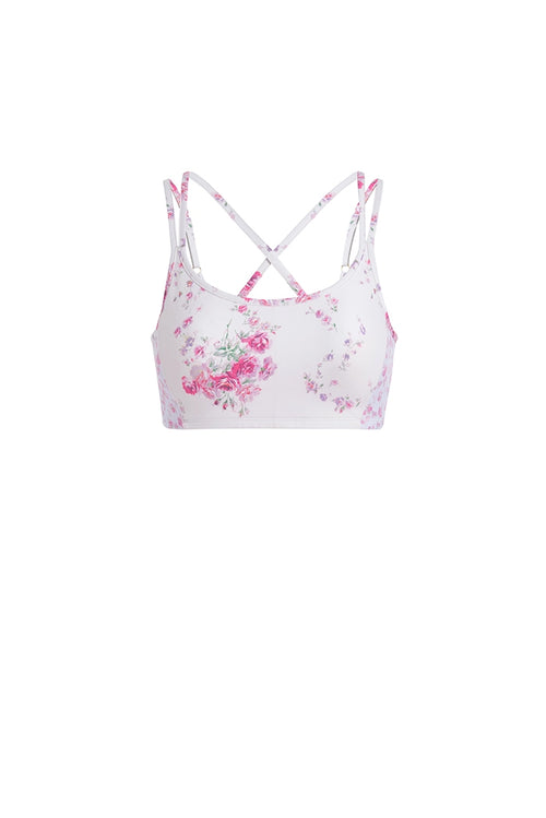 Pink floral bra with seamless double straps and a flattering scoop neck.