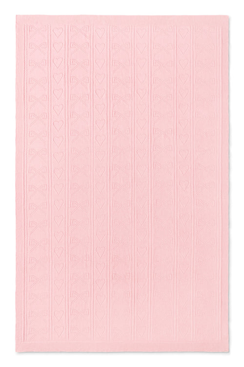 Pink, 100% cotton chic throw blanket. Featuring heart and bow-stripped pointelle details. 