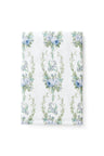 vintage-inspired repeating floral print hand towel in a soft blue against a white back