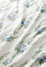 vintage-inspired repeating floral print bath towel in a soft blue against a white back