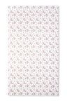 vintage-inspired repeating floral print bath towel in a soft pink against a white back