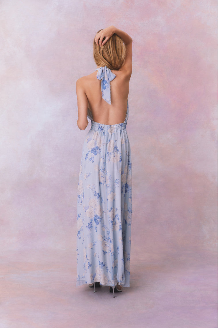 Blue backless floral halter maxi dress that ties in the back, flowing into an airy skirt.