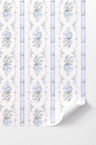 This design showcases beautiful baby blue floral prints delicately scattered across a pristine white backdrop. Adding to its visual appeal, a subtle blue strip elegantly separates the floral patterns, creating a sense of depth and space.