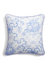 Throw pillow with a blue floral and bow print.