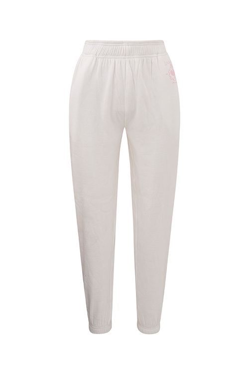 White joggers with an elastic waist and elastic leg openings. The pink LoveShackFancy Racquet logo is on the hip.