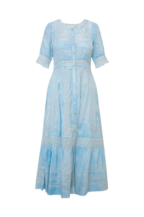 Blue cotton maxi dress with floral and lace detail, with buttons down center front, quarter length sleeves, a fixed waist, and a full sweeping skirt.