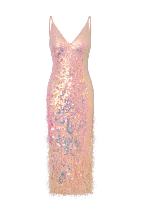 Miriana Iridescent Midi Dress With Feathers