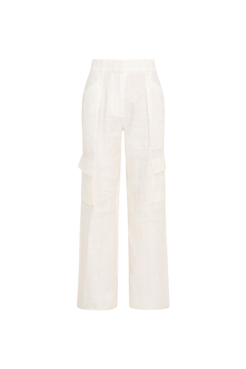 Linen straight leg cargo pants featuring pockets on each leg and on the side, and a center front zipper.