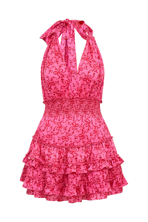 Quintelle Silk Bow-Printed Halter Mini Dress