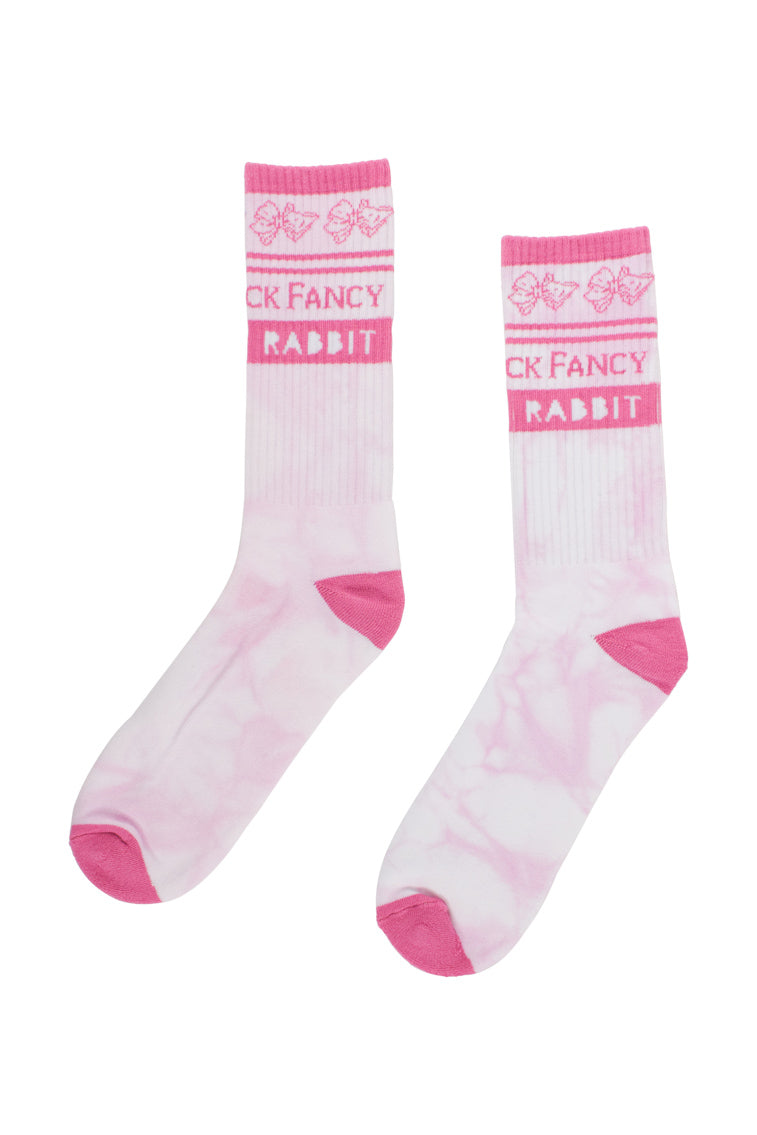 These hand-dyed tube socks are cute and comfy with a 100% cotton fabric with a pink heel and toe and our signature bow print on the calf.