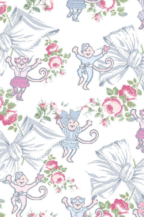  PJs feature our signature hand-drawn bow print merged with Roller Rabbit’s cult-classic monkey print. 