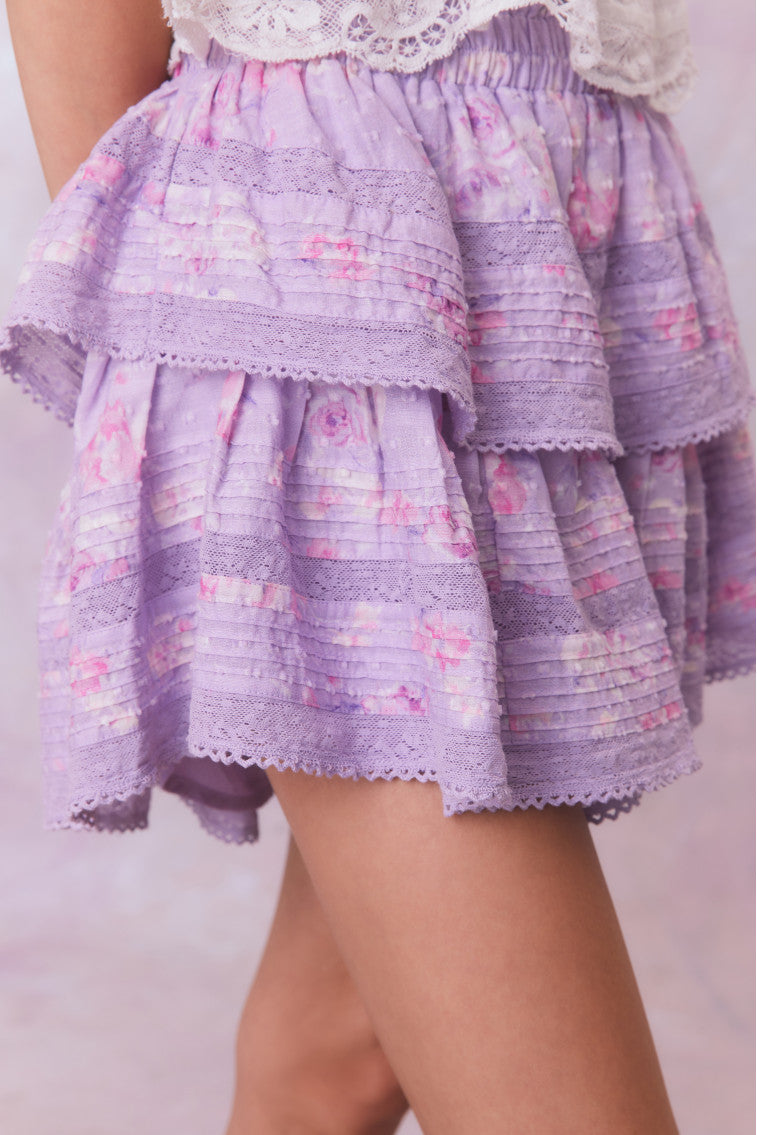 Purple floral ruffle mini skirt with lace on the two tiers. 
