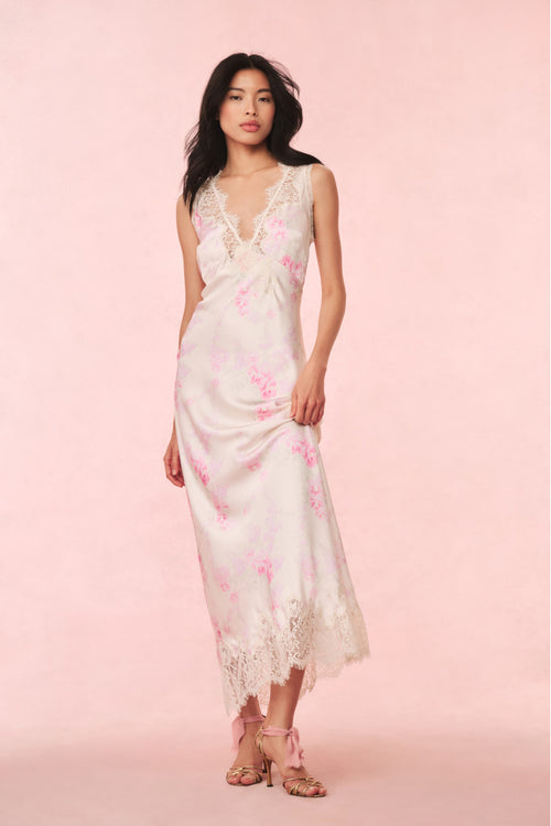 Serene Satin Lace-Trimmed Maxi Dress