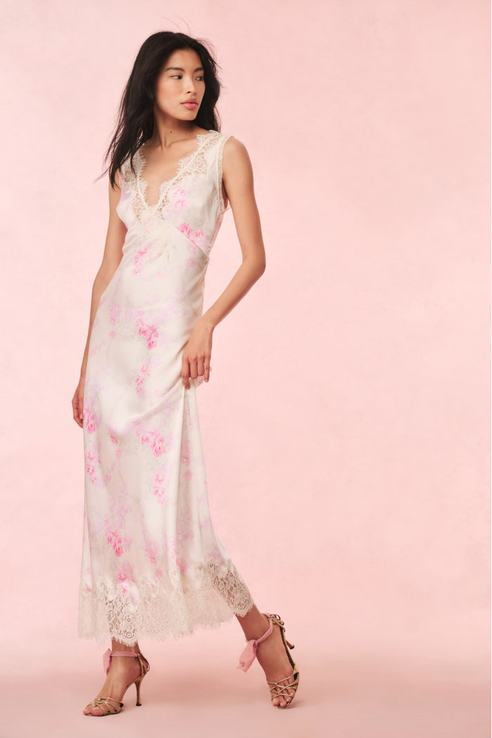 Serene Satin Lace-Trimmed Maxi Dress