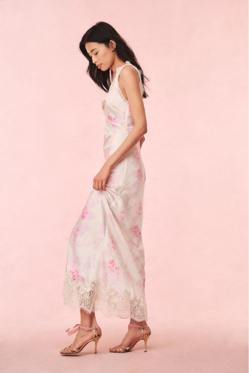 Serene Satin Lace-Trimmed Maxi Dress