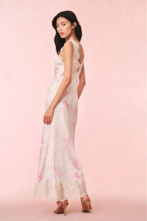 Serene Satin Lace-Trimmed Maxi Dress