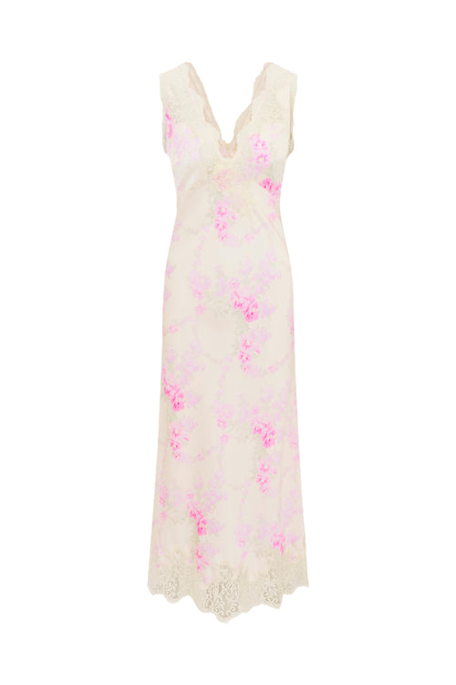 Serene Satin Lace-Trimmed Maxi Dress