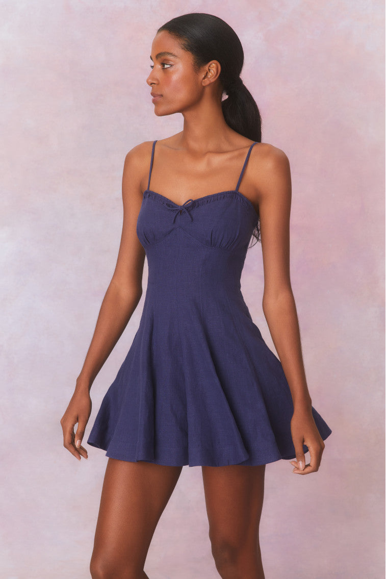 Navy mini dress with princess seams down the waistline that releases into a full sweepy skirt. Includes a smocked back, cups with shirring details.