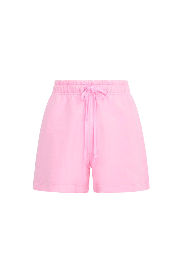 Comfy pink shorts with an adjustable drawcord at the elastic waist, and an airy leg opening featuring the LoveShackFancy logo.