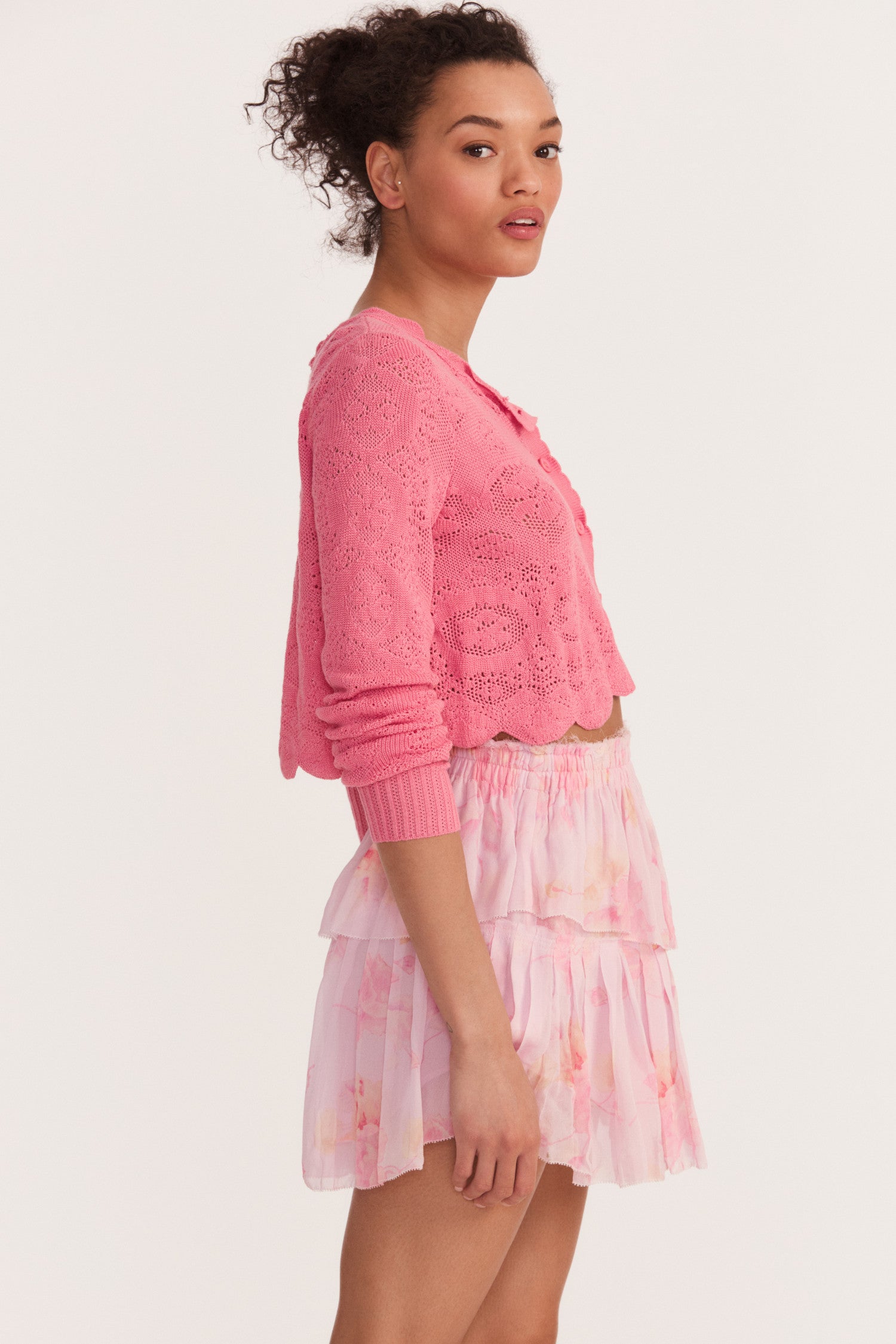 Womens vibrant pink floral print ruffle mini skirt