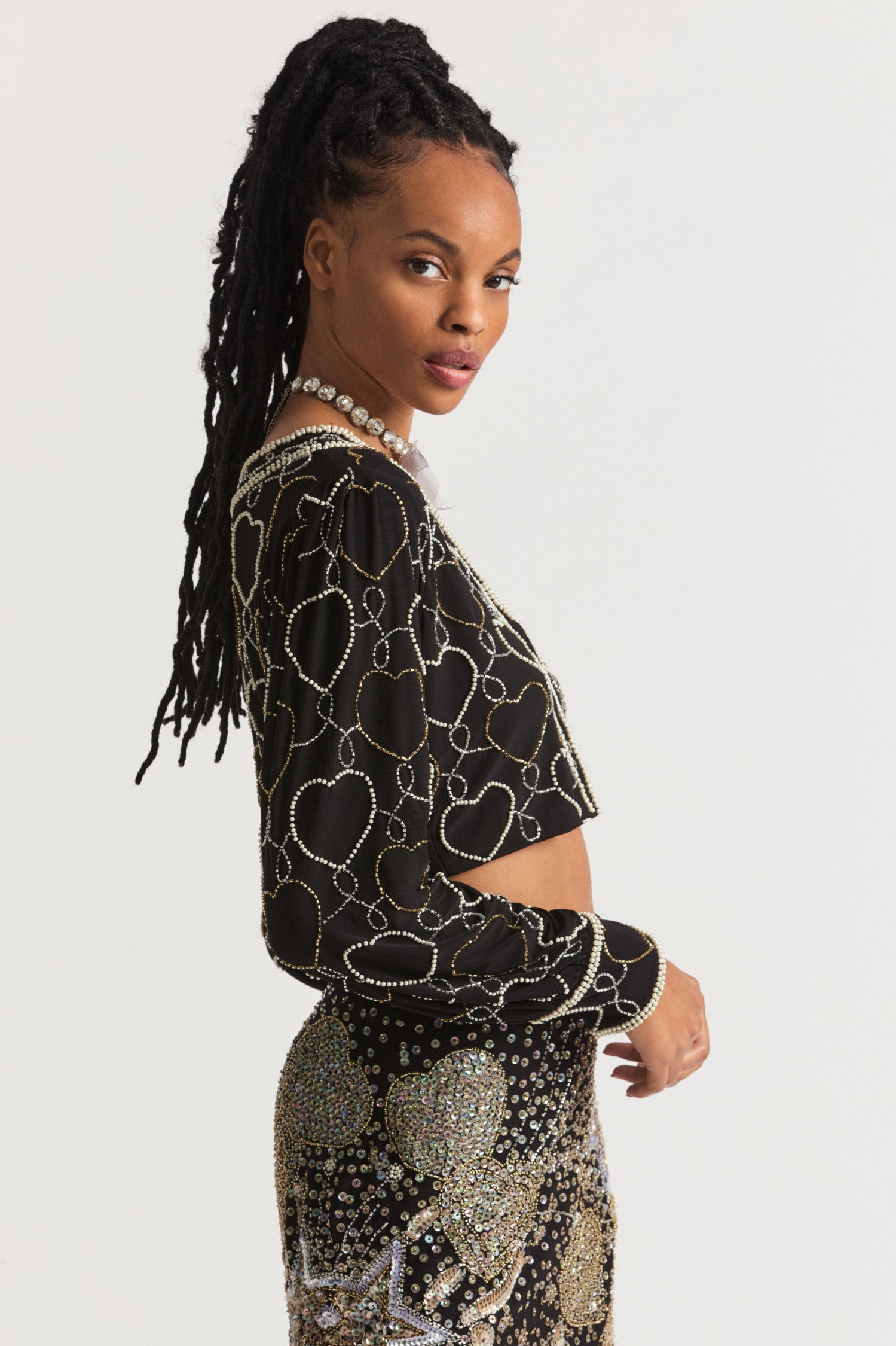 Norima Black Heart Sequin Crop Cardigan - Women's Tops | Shop